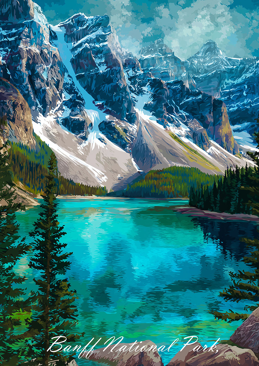 Vibrant artwork depicting mountains and a turquoise lake